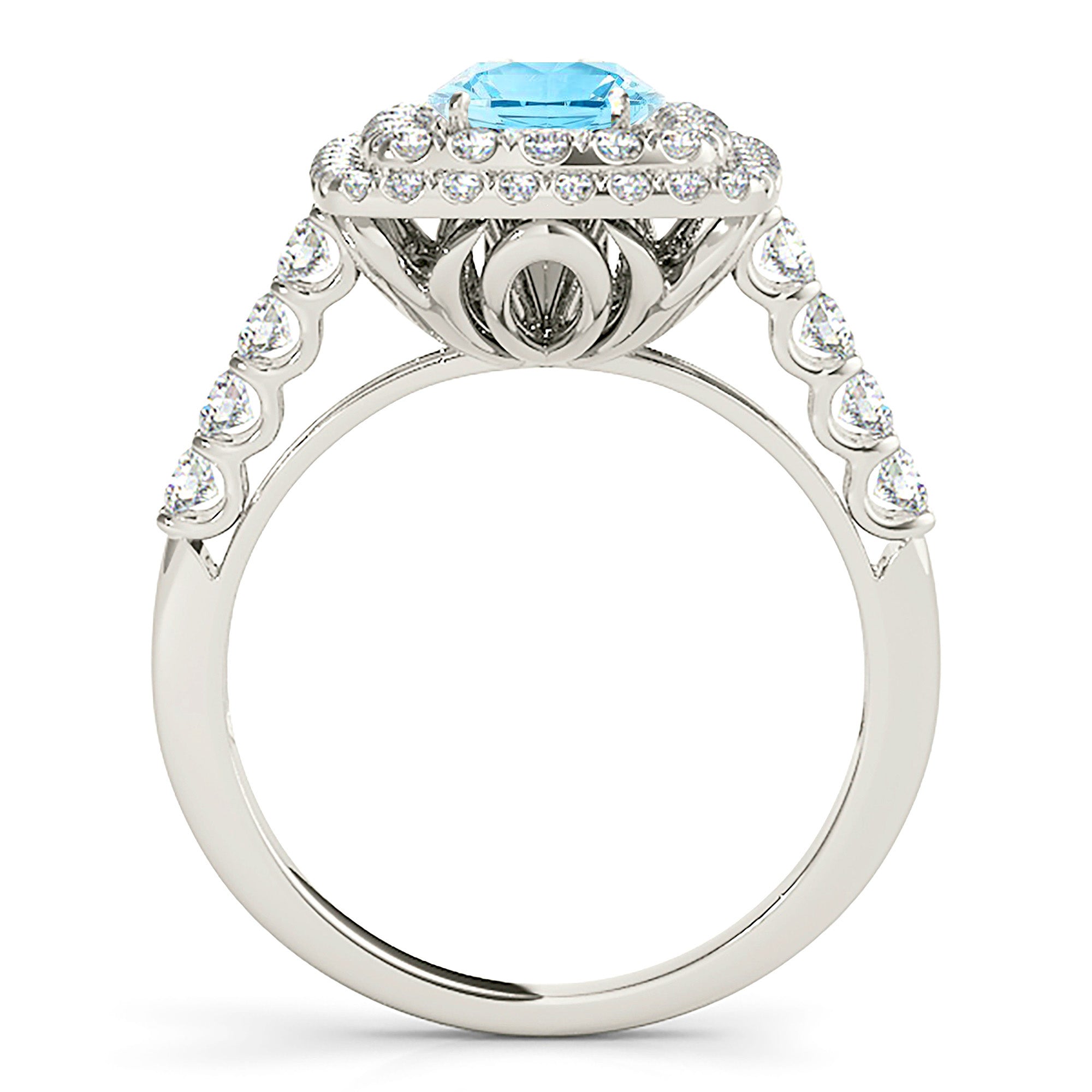 1.10 ct. Genuine Aquamarine Ring With 0.90 ctw. Diamond Double Row Cushion Halo And Thin Diamond Band | Round Blue Aquamarine Halo Ring-VIRABYANI